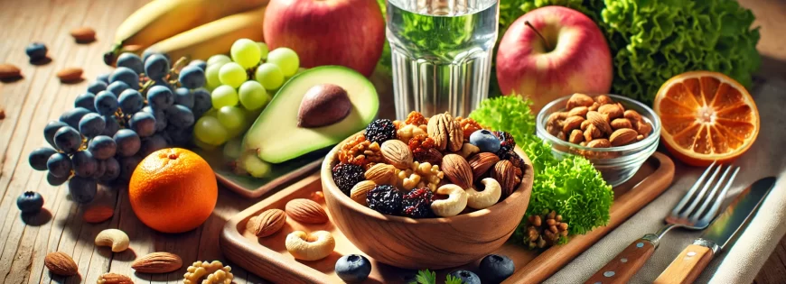 A healthy meal including a variety of dry fruits like almonds, walnuts, cashews, and raisins placed in a bowl alongside a glass of water, fresh fruits